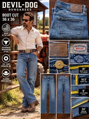 Devil-Dog Dungarees Bootcut Jeans 36x36 Medium Wash Western Denim